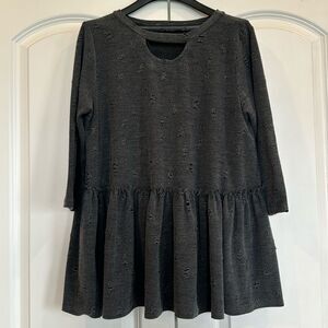 Entro Black Charcoal Distressed Babydoll Tier Ruffle Keyhole Cutout Blouse